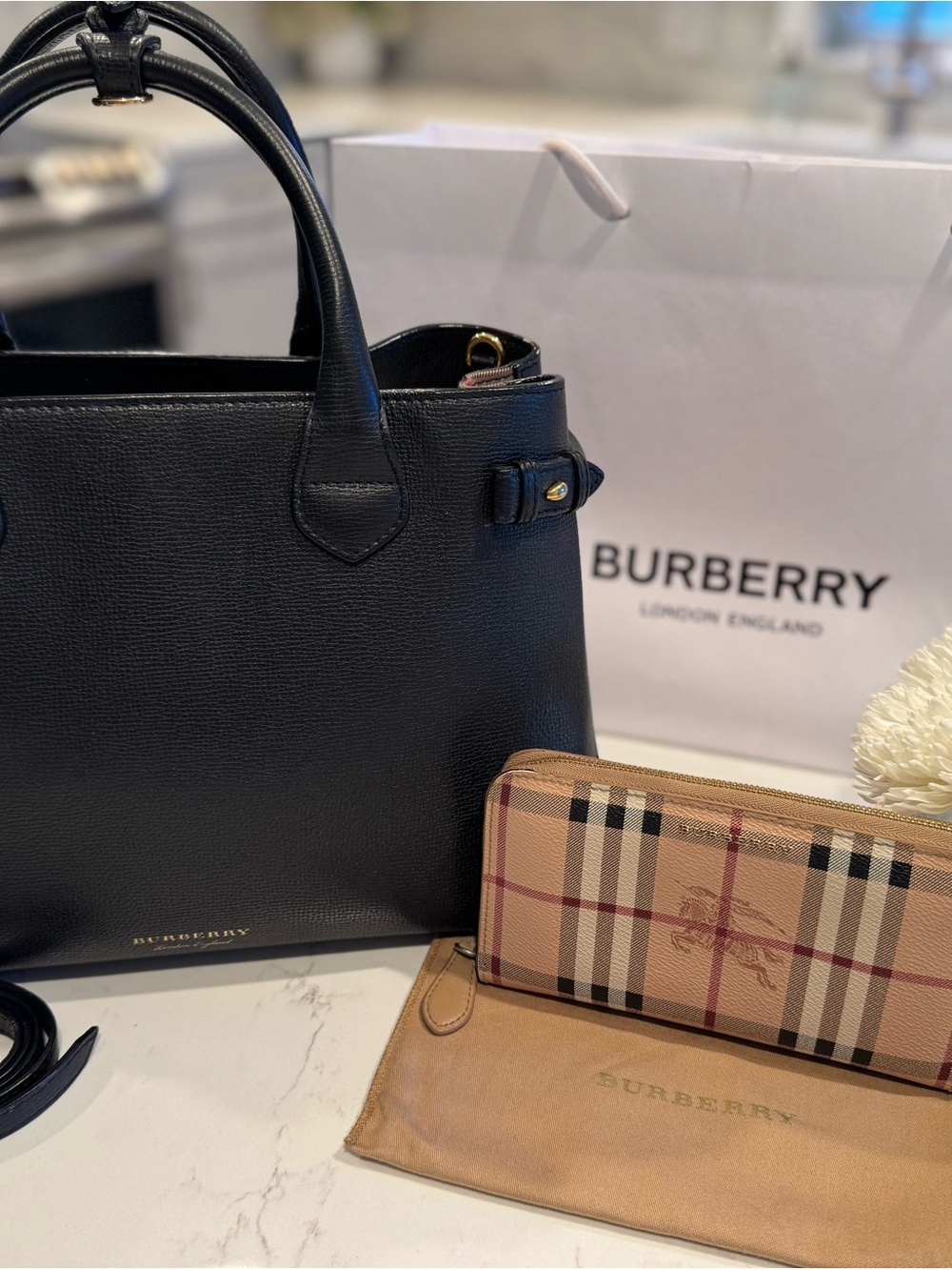 Burberry Black Leather Satchel with Beige Check Zip Wallet